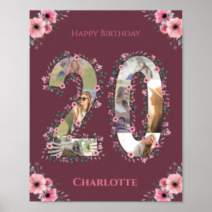 Photo Collage Big 20th Birthday Girl Pink Flower Poster
