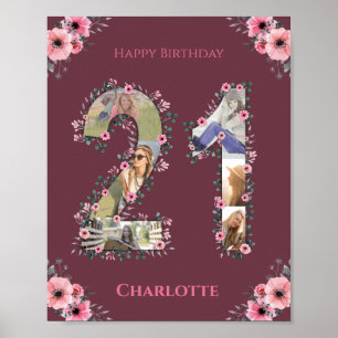 Photo Collage Big 21st Birthday Pink Flower Woman Poster