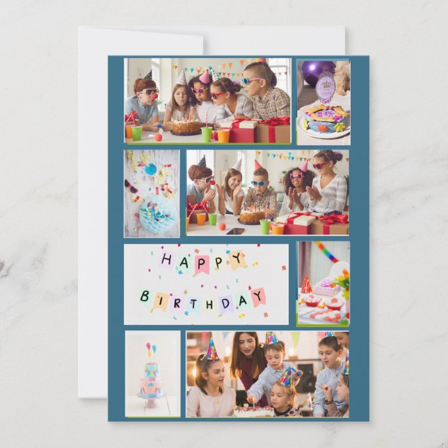 Photo Collage Birthday Card - Blue with 7 Frames (Front)