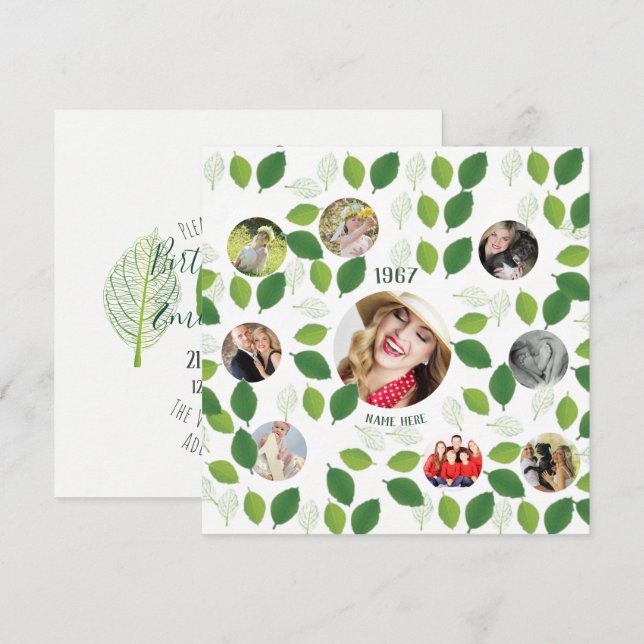 PHOTO COLLAGE  Birthday Invitation Green Leaves (Front/Back)