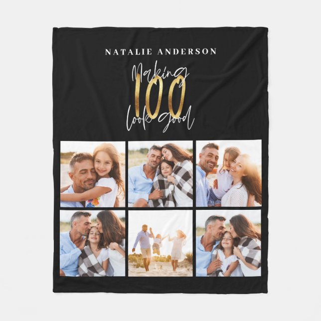 Photo collage black and gold 0th birthday fleece b (Front)