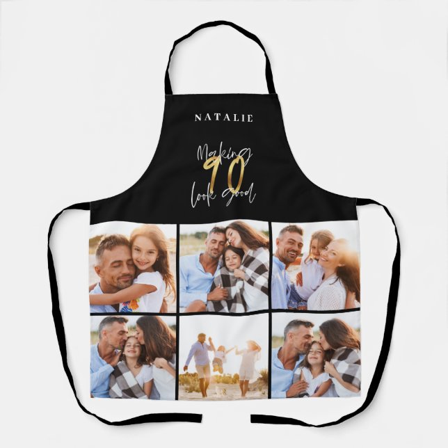 Photo collage black and gold 0th birthday modern a apron (Front)