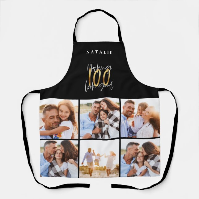 Photo collage black and gold 100th birthday modern apron (Front)