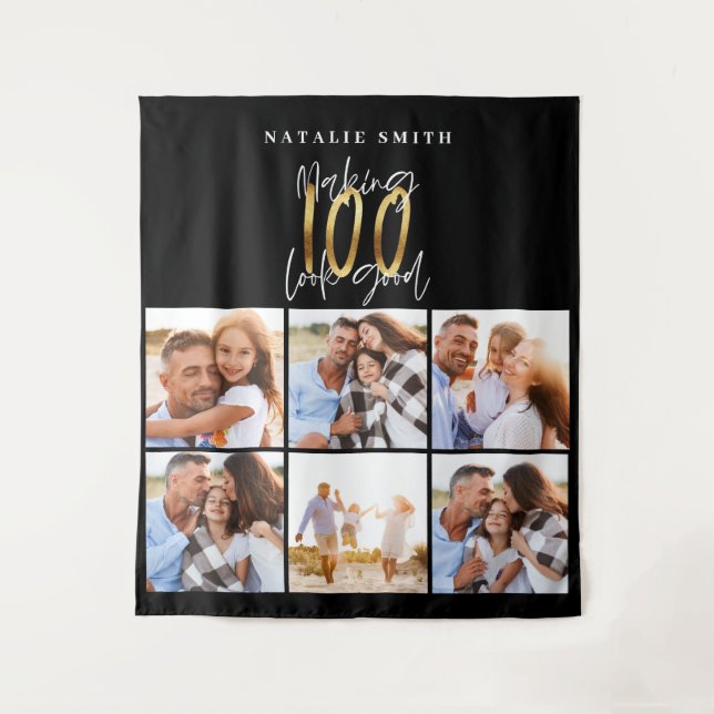 Photo collage black and gold 100th birthday modern tapestry (Front)