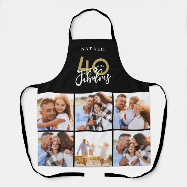 Photo collage black and gold 40th birthday modern apron (Front)