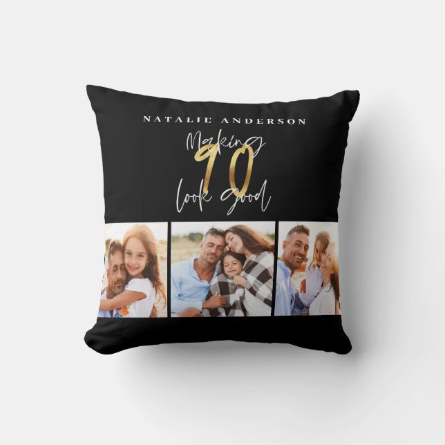 Photo collage black and gold 90th birthday  cushion (Front)