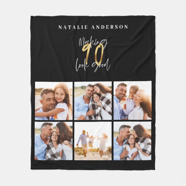 Photo collage black and gold 90th birthday fleece blanket (Front)