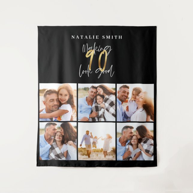 Photo collage black and gold 90th birthday modern tapestry (Front)