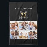 Photo collage black and gold 90th birthday  tea towel<br><div class="desc">Photo collage black and gold 90th birthday modern typography design.</div>