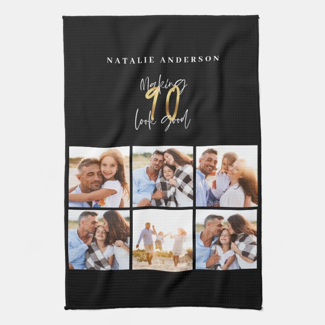 Photo collage black and gold 90th birthday  tea towel (Vertical)