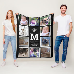 Photo Collage Black And White Monogram 10 Photo Fleece Blanket