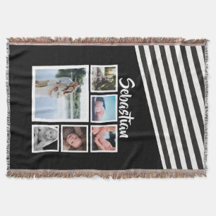 Photo Collage Black and White Striped Personalised Throw Blanket