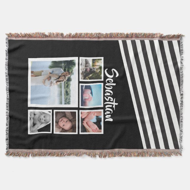 Photo Collage Black and White Striped Personalised Throw Blanket (Front)