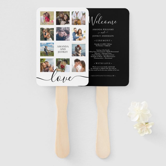 Photo Collage Black and White Wedding Program Hand Fan (Front and Back)
