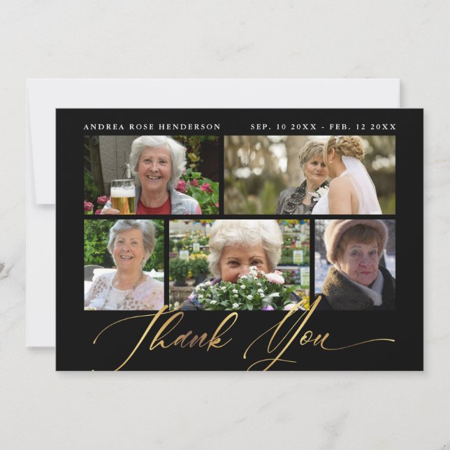 Photo Collage Black & Gold Calligraphy Funeral Thank You Card (Front)