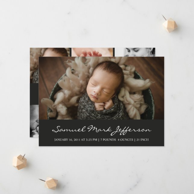 Photo collage black newborn baby boy unisex birth announcement (Front/Back In Situ)