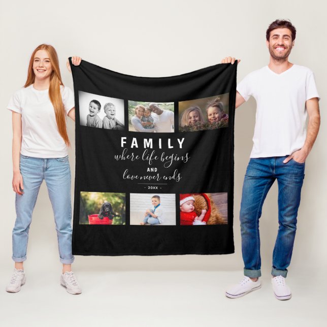 Photo Collage Black Script Family Keepsake Saying Fleece Blanket (In Situ)