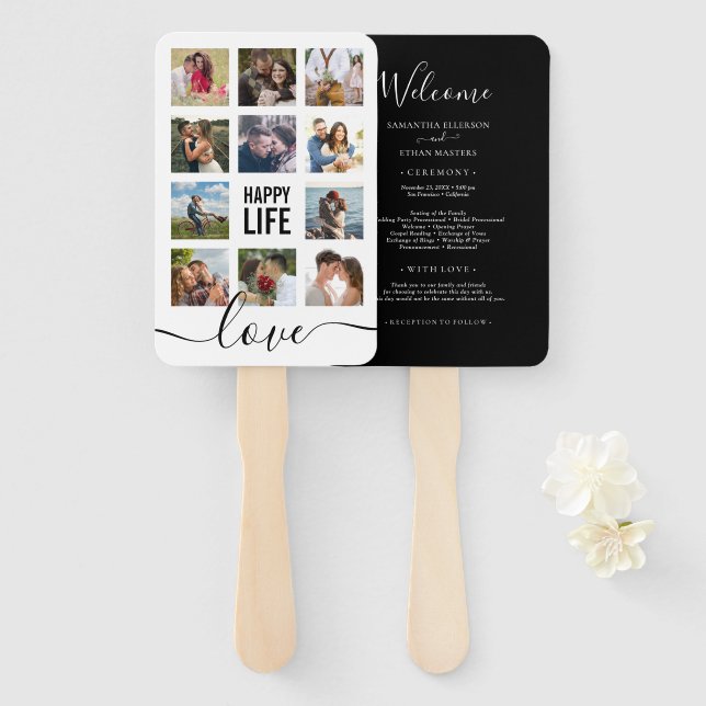 Photo Collage Black Wedding Program Hand Fan (Front and Back)