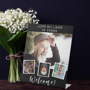 Photo collage black white birthday party welcome pedestal sign