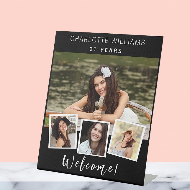 Photo collage black white birthday party welcome pedestal sign (Creator Uploaded)