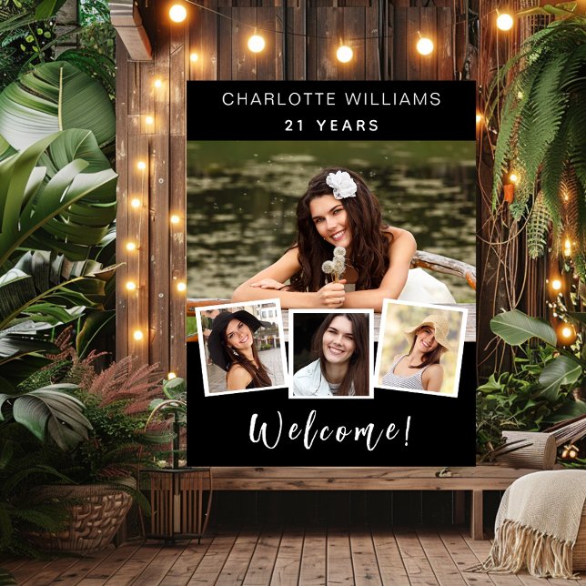 Photo collage black white birthday party welcome poster (Creator Uploaded)