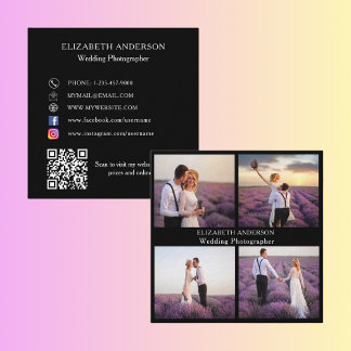 Photo collage black white QR social media premium Square Business Card