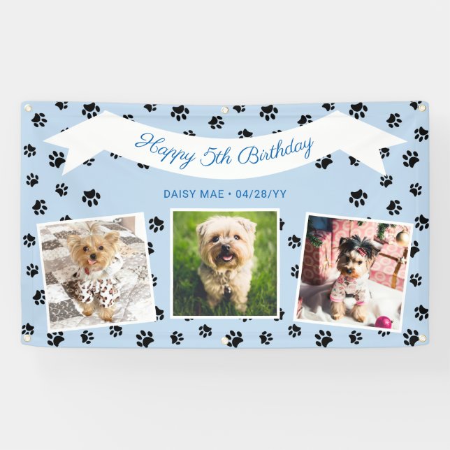 Photo Collage Blue Black Paw Prints Pet Birthday Banner (Horizontal)