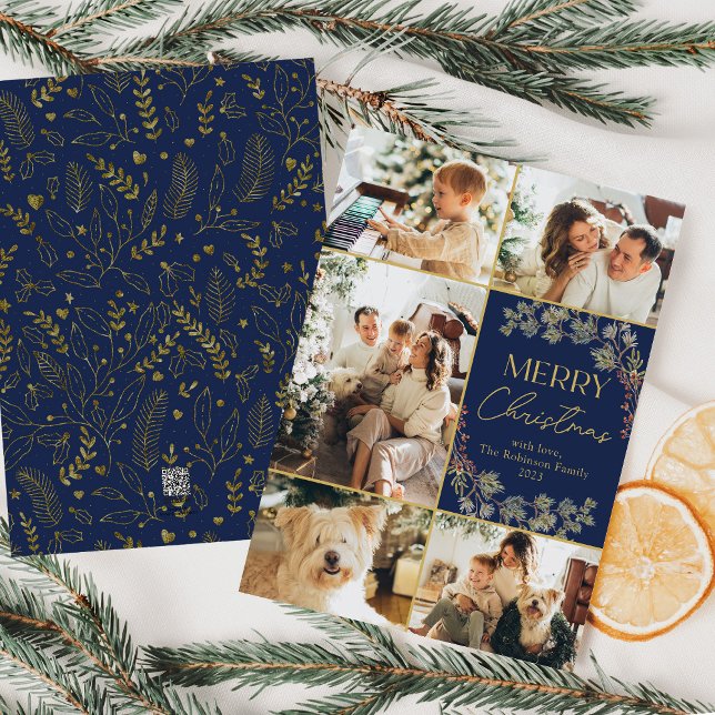 Photo Collage Blue Gold Merry Christmas Card (Creator Uploaded)