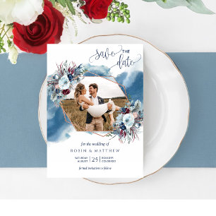Photo Collage,  Blue, Purple, Burgundy Watercolor Save The Date