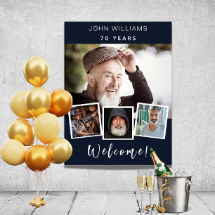 Photo collage blue white birthday party welcome poster