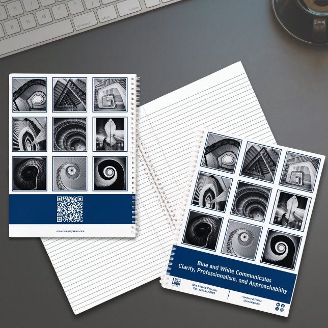 Photo Collage Blue White Small Business Notebook (Photo Collage Blue White Small Business Planner Notebook with Tagline, Logo, QR code)