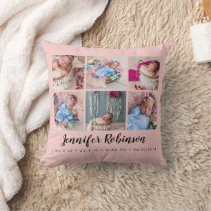 Photo Collage Blush Rose Monogrammed Birth Stat Cushion