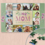 Photo Collage Border Mum Quote Green Floral Jigsaw Puzzle<br><div class="desc">Custom photo puzzle for mum with lovely quote and watercolor flowers on a green and antique cream background. The photo template is set up ready for you to add 12 of your favourite photos which are displayed as a border around the mum quote. The wording reads "MOM the heart of...</div>