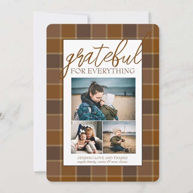 Photo Collage Brown Plaid Pattern Thanksgiving Holiday Card (Front)