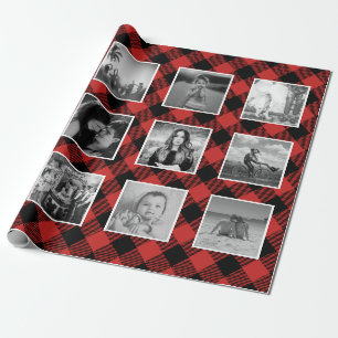 Photo Collage Buffalo Plaid Lumberjack Red Wrapping Paper