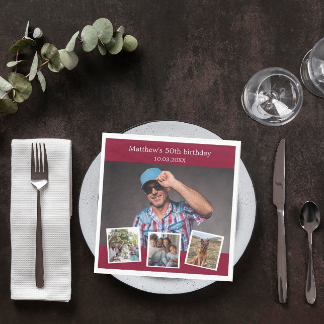 Photo collage burgundy birthday party napkin (Creator Uploaded)