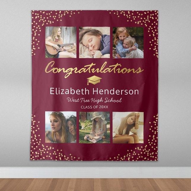Photo Collage Burgundy Gold Graduation Backdrop Tapestry (Creator Uploaded)