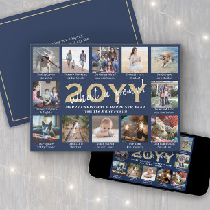Photo Collage & Captions What a Year Navy & Gold Holiday Card
