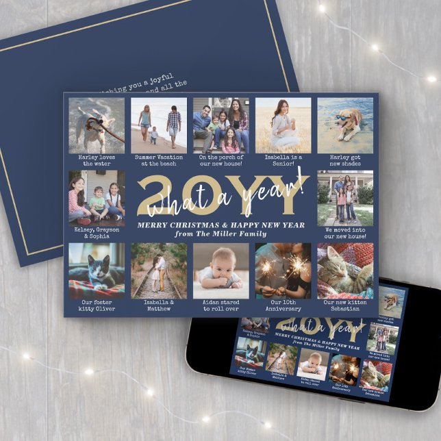Photo Collage & Captions What a Year Navy & Gold Holiday Card (Creator Uploaded)