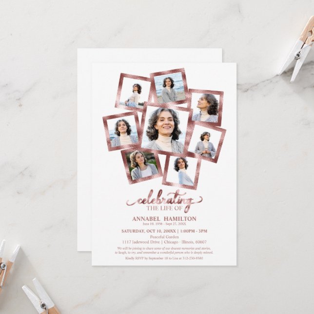 Photo Collage Celebration of Life Funeral Invitation (Front/Back In Situ)