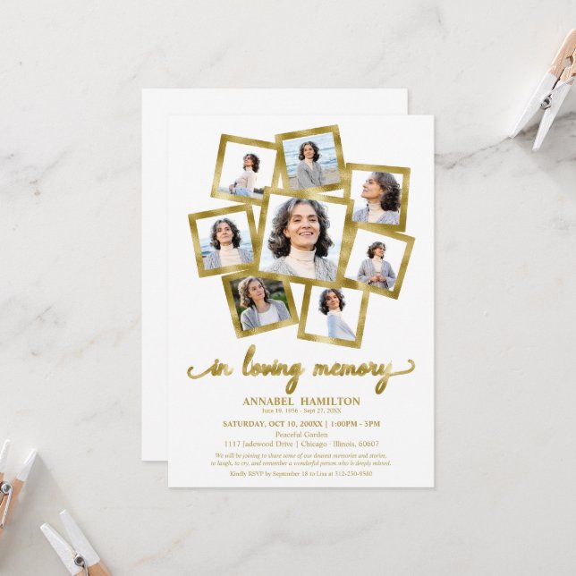 Photo Collage Celebration of Life Funeral Invitation (Front/Back In Situ)