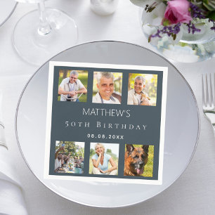 Photo collage charcoal grey birthday party napkin