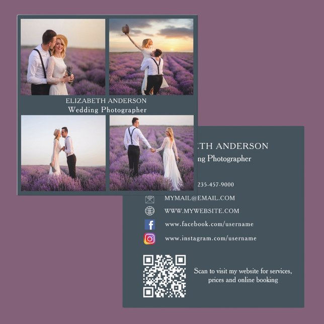 Photo collage charcoal grey QR code social media Square Business Card (Creator Uploaded)