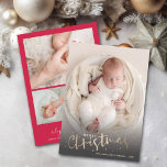 Photo Collage Christmas Birth Announcement<br><div class="desc">Sweet holiday theme birth announcements feature your favourite newborn photo on the front with the greeting Merry Christmas and your names. Your baby's birth stats and 3 photos on the back. CHANGE the background colour on the back with our Edit tools.</div>
