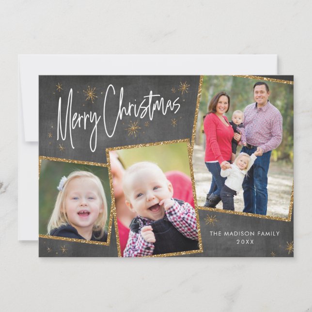 Photo Collage Christmas Card Faux Gold Glitter (Front)