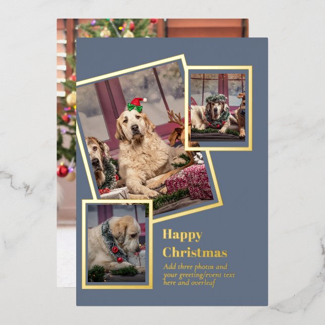 PHOTO Collage Christmas Card REAL GOLD FOIL (Front/Back)