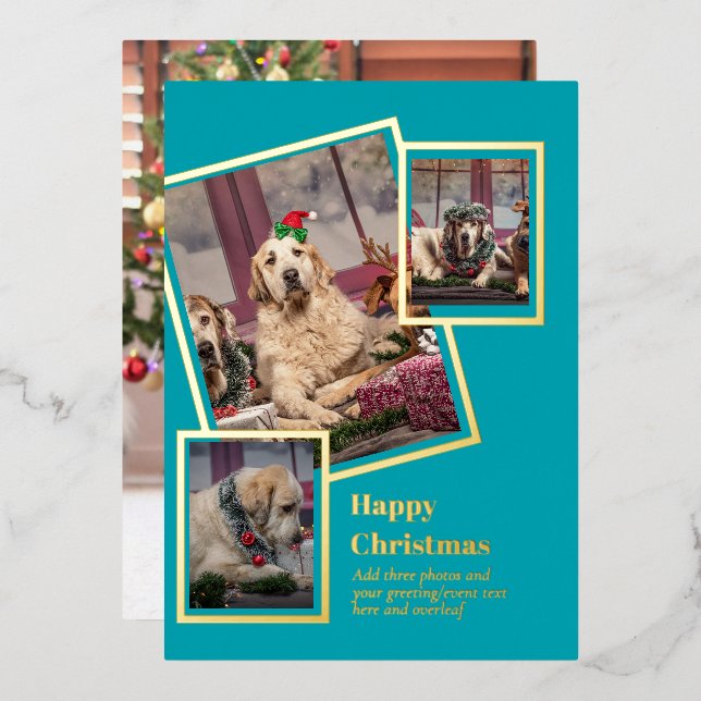 PHOTO Collage Christmas Card REAL GOLD FOIL (Front/Back)