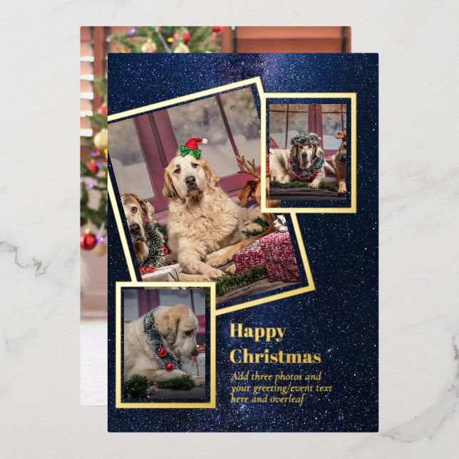 PHOTO Collage Christmas Card REAL GOLD FOIL (Front/Back)