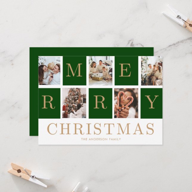 Photo Collage Christmas Family Gold Holiday Card (Front/Back In Situ)