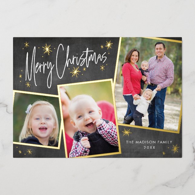 Photo Collage Christmas Gold Foil Holiday Card (Front)